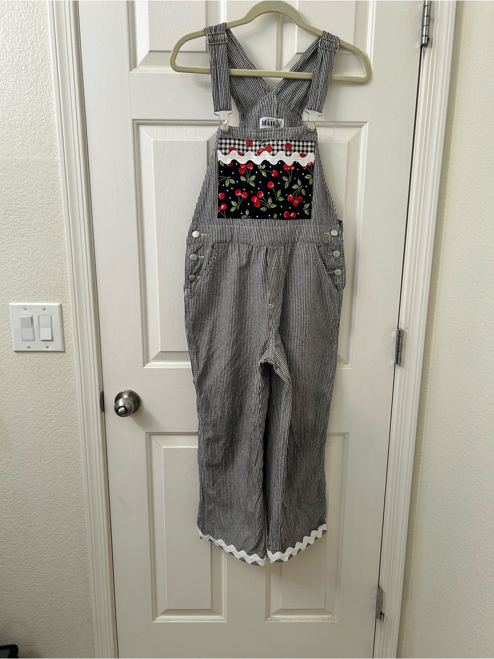 Haik’s Vintage 90s Overalls Womens S Houndstooth Cherry Print Cottagecore Denim